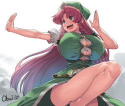 Rule 34 | 1girl, blue eyes, braid, breasts, bursting breasts, cleavage, commentary, cowboy shot, green eyes, green hat, hat, hong meiling, huge breasts, leg lift, long hair, no bra, obui, red hair, signature, smile, solo, teeth, thick thighs, thighs, touhou, twin braids, underboob, upper teeth only, very long hair