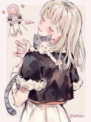 Rule 34 | 1girl, aged down, animal, artist name, black vest, blush, cat, character name, chibi, child, closed eyes, dress, dungeon meshi, facing to the side, facing viewer, falin thorden, fur-trimmed sleeves, fur trim, grey hair, hashtag only commentary, highres, holding, holding animal, kasumi007, layered sleeves, long hair, long sleeves, multiple views, open mouth, outside border, playing with another&#039;s hair, short over long sleeves, short sleeves, smile, upper body, vest, white dress