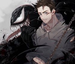 Rule 34 | 2boys, animification, bodysuit, claws, dual persona, eddie brock, facial hair, iyo (nanaka-0521), klyntar, looking at viewer, male focus, marvel, multiple boys, muscular, open mouth, sharp teeth, short hair, simple background, smile, symbiote, teeth, tongue, tongue out, venom (marvel)