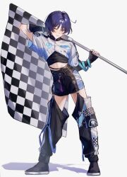 Rule 34 | 1boy, auaua 0511, bishounen, checkered flag, flag, genshin impact, highres, holding, holding flag, male focus, one eye closed, purple eyes, purple hair, race queen, scaramouche (genshin impact), short hair, shorts, simple background, solo, thighs, white background