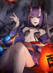 Rule 34 | 1girl, :d, artist name, bad id, bad pixiv id, breasts, cup, enosan, fang, fate/grand order, fate (series), hand up, highres, holding, holding cup, horns, japanese clothes, kimono, lantern, looking at viewer, obi, open mouth, paper lantern, purple eyes, purple hair, purple kimono, revealing clothes, sakazuki, sash, short hair, shuten douji (fate), shuten douji (first ascension) (fate), signature, sitting, skin-covered horns, small breasts, smile, solo, thick eyebrows, thighs, translated, wooden floor