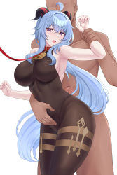 Rule 34 | 1boy, 1girl, absurdres, ahoge, bare arms, bare shoulders, bdsm, bell, black leotard, black pantyhose, blue hair, blush, breasts, buttjob, buttjob over clothes, censored, collar, commentary, dark-skinned male, dark skin, english commentary, erection, ganyu (genshin impact), genshin impact, goat horns, hand on another&#039;s stomach, highres, holding another&#039;s wrist, horns, kanta (kanta 077), large breasts, leash, leotard, mosaic censoring, open mouth, pantyhose, penis, penis on ass, purple eyes, red collar, simple background, slave, solo focus, thighs, white background