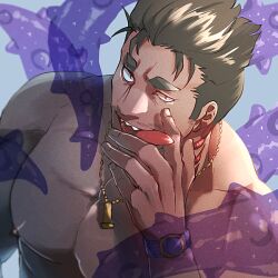 Rule 34 | 1boy, bara, blue background, dagon (housamo), facial hair, fish boy, gills, hair slicked back, jewelry, large pectorals, long sideburns, male focus, mature male, muscular, muscular male, mustache stubble, necklace, nipples, noramoso, nude, pectorals, sharp teeth, short hair, sideburns, simple background, solo, stubble, teeth, tentacles, thick eyebrows, tokyo houkago summoners, tongue, tongue out, uneven eyes, upper body, watch, white background, wristwatch