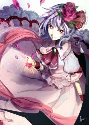 Rule 34 | 1girl, ascot, bad id, bad pixiv id, blue hair, brooch, dress, flower, hair flower, hair ornament, hair ribbon, highres, jewelry, petals, pink dress, pink eyes, puffy short sleeves, puffy sleeves, remilia scarlet, ribbon, short sleeves, silver hair, smile, sofy, solo, touhou, wrist cuffs