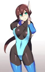Rule 34 | 1girl, aile (mega man zx), arm behind back, arm behind head, blue leotard, blush, bodysuit, breasts, brown hair, contrapposto, covered erect nipples, cowboy shot, gradient background, green eyes, hair between eyes, head tilt, impossible bodysuit, impossible clothes, large breasts, leotard, long hair, looking at viewer, mega man (series), mega man zx, mega man zx advent, ponytail, robot ears, simple background, skin tight, solo, spandex, thighhighs, ukimukai, white background