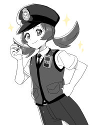 Rule 34 | 1girl, alternate costume, bad id, bad twitter id, belt buckle, buckle, closed mouth, collared shirt, commentary request, creatures (company), dede (qwea 00000), eyelashes, game freak, greyscale, hand on own hip, hand up, hat, highres, holding, holding poke ball, korean commentary, long hair, looking at viewer, lyra (pokemon), monochrome, necktie, nintendo, pants, poke ball, poke ball (basic), pokemon, pokemon hgss, police, police uniform, policewoman, shirt, short sleeves, smile, solo, sparkle, spot color, twintails, uniform, vest, white background