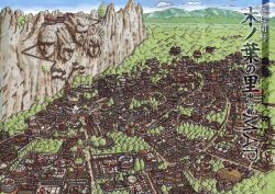 Rule 34 | building, city, cityscape, cliff, cloud, comic, from above, konohagakure, landscape, map, mountain, naruto, naruto (series), no humans, stairs, tree