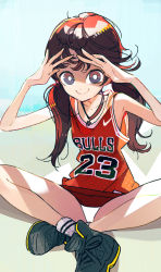 Rule 34 | 1girl, amiami, basketball uniform, bright pupils, brown hair, derivative work, female focus, indian style, long hair, looking at viewer, low twintails, nike (company), original, panties, pantyshot, photo-referenced, sitting, smile, solo, sportswear, spread legs, thighs, twintails, underwear, white panties