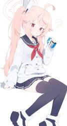 Rule 34 | 1girl, ?, absurdres, ahoge, bendy straw, black sailor collar, black thighhighs, blue archive, cellphone, drinking straw, halo, highres, milk carton, miniskirt, natsu (blue archive), neckerchief, phone, pink hair, pleated skirt, red eyes, red neckerchief, sailor collar, shoes, side ponytail, simple background, sitting, skirt, sleeves past wrists, smartphone, solo, thighhighs, urotsuki (2013.04), white background, zettai ryouiki