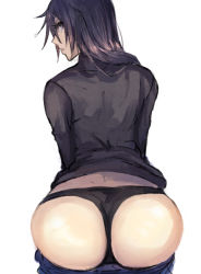 Rule 34 | 1girl, ass, ass focus, black hair, black panties, brown eyes, clothes pull, eyelashes, from behind, jonasan, long hair, looking at viewer, looking back, original, panties, pants, pants pull, pepe (jonasan), profile, ruuko-san, simple background, solo, sweater, thong, underwear, white background