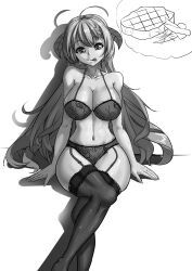 Rule 34 | 1girl, absurdres, acc (rwva4427), akari (blue archive), alternate costume, black thighhighs, blue archive, bra, breasts, food, garter belt, garter straps, greyscale, highres, horns, large breasts, long hair, looking at viewer, monochrome, solo, steak, thighhighs, tongue, tongue out, underwear