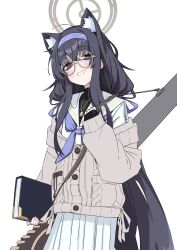 1girl ahoge animal_ears bags_under_eyes black_hair blue_archive blue_eyes blue_neckerchief book cat_ears clenched_teeth eyewear_strap fingerless_gloves gloves grey_halo grin halo highres jewelry kilabo long_hair looking_at_viewer low_twintails neckerchief necklace round_eyewear sailor_collar school_uniform serafuku simple_background skirt smile solo teeth twintails ui_(blue_archive) very_long_hair white_background white_sailor_collar white_skirt yellow-framed_eyewear