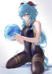Rule 34 | 1girl, ahoge, alternate costume, aqua hair, bare arms, bell, black one-piece swimsuit, blush, breasts, brown pantyhose, closed mouth, commentary request, competition swimsuit, covered navel, cowbell, crossed bangs, expressionless, ganyu (genshin impact), genshin impact, goat horns, gradient eyes, highres, holding, horns, kneeling, large breasts, long hair, multicolored eyes, one-piece swimsuit, pantyhose, pantyhose under swimsuit, purple eyes, signature, sleeveless, solo, swimsuit, very long hair, white background, yabacha