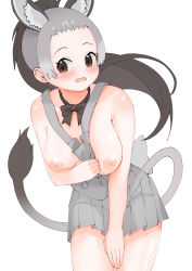 Rule 34 | 1girl, absurdres, animal ears, black hair, blush, bow, bowtie, breasts, brown eyes, donkey (kemono friends), donkey ears, donkey tail, dress, extra ears, flashing, grey dress, grey hair, high ponytail, highres, kemono friends, large breasts, leaning forward, long hair, looking at viewer, mappuri, multicolored hair, nipples, no bra, open mouth, short dress, simple background, solo, tail, unaligned breasts, white background