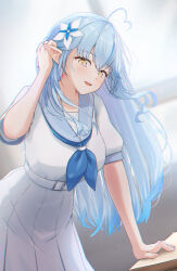 Rule 34 | 1girl, absurdres, blue eyes, highres, hololive, long hair, looking at viewer, open mouth, pointy ears, sailor collar, short sleeves, solo, tatataecho, virtual youtuber, yellow eyes, yukihana lamy