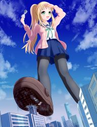Rule 34 | 10s, 1girl, absurdres, blonde hair, building, destruction, from below, giant, giantess, green eyes, highres, loafers, open mouth, original, pantyhose, ponytail, school uniform, shoes, skirt, sky, smile, solo