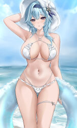Rule 34 | 1girl, absurdres, arm up, asymmetrical legwear, bikini, blue hair, blue sky, breasts, cloud, day, eula (genshin impact), genshin impact, hairband, hat, highres, holding, holding swim ring, innertube, large breasts, looking at viewer, midorim233, navel, navel piercing, outdoors, parted lips, piercing, sky, solo, stomach, sun hat, swim ring, swimsuit, thigh gap, thigh strap, thighs, white bikini, yellow eyes