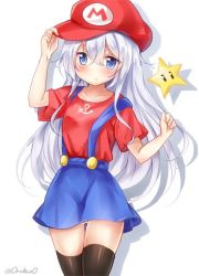 Rule 34 | 1girl, anchor symbol, black thighhighs, blue eyes, cosplay, cowboy shot, flat cap, gluteal fold, hat, hibiki (kancolle), kantai collection, long hair, looking at viewer, mario, mario (cosplay), mario (series), nikoo, nintendo, red hat, red shirt, shirt, short sleeves, silver hair, simple background, skirt, solo, super star (mario), suspenders, thighhighs, twitter username, white background