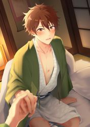 Rule 34 | 2boys, abs, blonde hair, brown eyes, brown hair, ensemble stars!, highres, holding hands, japanese clothes, kindo, looking at viewer, male focus, morisawa chiaki, multiple boys, muscular, muscular male, open mouth, red eyes, ryuuseitai (ensemble stars!), scar, short hair, simple background, takamine midori, twitter username, white background, yaoi