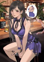 Rule 34 | 1girl, alcohol, backless dress, backless outfit, bar (place), bare arms, bare legs, bare shoulders, between legs, bigroll, black bow, black bowtie, black flower, black hair, black nails, black ribbon, black rose, blue dress, bottle, bow, bowtie, breasts, cleavage, closed mouth, collarbone, crescent, crescent earrings, cup, dress, drink, drinking glass, earrings, final fantasy, final fantasy vii, final fantasy vii remake, flower, frilled dress, frills, hand between legs, indoors, jewelry, large breasts, lips, long hair, looking at viewer, medium breasts, messy hair, nail polish, neck, official alternate costume, red eyes, ribbon, rose, short dress, sleeveless, sleeveless dress, smile, solo focus, speech bubble, square enix, swept bangs, thick thighs, thighs, tifa lockhart, tifa lockhart (refined dress), v arms, very long hair, wall market