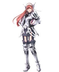 Rule 34 | 1girl, arm guards, armor, armored boots, boots, cherche (fire emblem), fire emblem, fire emblem awakening, fire emblem heroes, full body, hand on own hip, hand on own chest, highres, long hair, looking at viewer, maid headdress, nintendo, official art, red eyes, red hair, smile, solo, standing, transparent background, wada sachiko