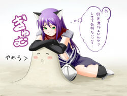 Rule 34 | 1girl, ^ ^, animal ears, assassin cross (ragnarok online), black gloves, black socks, blush, breasts, cat ears, closed eyes, crossed arms, dress, elbow gloves, gloves, green eyes, kanzuki yuu, long hair, medium breasts, navel, open mouth, over-kneehighs, purple dress, purple hair, ragnarok online, red scarf, sand, sandman (ragnarok online), scarf, simple background, socks, solo, thighhighs, thought bubble, torn clothes, torn dress, torn scarf, translation request, white background