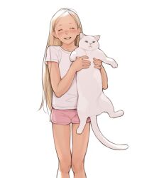 Rule 34 | 1girl, absurdres, animal, bad id, bad twitter id, blonde hair, blush, cat, closed eyes, collarbone, facing viewer, hands up, highres, holding, holding animal, holding cat, knees, long hair, luimiart, open mouth, original, parted bangs, pink shorts, shirt, short shorts, short sleeves, shorts, simple background, smile, standing, t-shirt, teeth, white background, white shirt