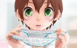 Rule 34 | 1boy, androgynous, blush, brown hair, face, green eyes, highres, holding, holding clothes, holding panties, holding underwear, lips, male focus, md5 mismatch, open mouth, original, panties, short hair, underwear, yuki18r