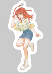 Rule 34 | absurdres, bare shoulders, bocchi the rock!, bookmark, boots, breasts, buttons, clothing cutout, collar, denim, denim skirt, floral print, frilled shirt, frills, green shirt, grey background, high-waist skirt, highres, kita ikuyo, long hair, looking at viewer, one side up, outline, pencil skirt, red hair, red ribbon, ribbon, shirt, short sleeves, shoulder cutout, simple background, skirt, small breasts, smile, sora (11451), standing, standing on one leg, tented shirt, white footwear, white outline