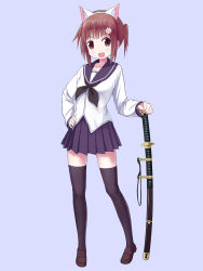 Rule 34 | 1girl, :d, animal ears, black thighhighs, blush, brown eyes, brown hair, cat ears, collarbone, fake animal ears, flower, full body, hair flower, hair ornament, hairband, hand on hilt, hand on own hip, highres, isou nagi, katana, loafers, open mouth, original, pleated skirt, school uniform, serafuku, sheath, sheathed, shoes, short hair, side ponytail, simple background, skirt, smile, solo, sword, thighhighs, weapon, zettai ryouiki
