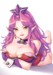 Rule 34 | 1girl, :d, angela (seiken densetsu 3), bare legs, bare shoulders, barefoot, breasts, cleavage, collarbone, crossed arms, earrings, eyes visible through hair, gloves, green eyes, hair intakes, hat, highres, jewelry, kanata (kanata onion), large breasts, leotard, long hair, looking at viewer, lying, mini hat, on stomach, open mouth, pointy ears, purple gloves, purple hair, purple hat, red leotard, seiken densetsu, seiken densetsu 3, shadow, smile, solo, strapless, strapless leotard, teeth, white background, wrist cuffs