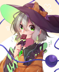 Rule 34 | 1girl, bow, chocolate, collared shirt, eyeball, frilled shirt collar, frilled sleeves, frills, green eyes, hair between eyes, hat, hat bow, hat ribbon, heart, highres, komeiji koishi, long sleeves, looking at viewer, mouth hold, multicolored background, orange bow, orange shirt, purple hat, renka (sutegoma25), ribbon, shirt, short hair, silver hair, solo, string, third eye, touhou, translation request, upper body, wavy hair, white background, wide sleeves, yellow background