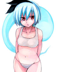 Rule 34 | 1girl, arms behind back, bare shoulders, blue hair, blush, breasts, collarbone, hairband, head tilt, hip focus, konpaku youmu, konpaku youmu (ghost), looking at viewer, navel, open mouth, panties, parted lips, plump, red eyes, seiya (cardigan), short hair, simple background, small breasts, solo, sports bra, standing, stomach, thighs, touhou, underwear, underwear only, white background
