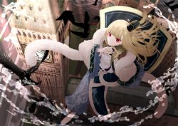 Rule 34 | 1girl, bird, blonde hair, building, chinese clothes, clock, clock tower, crow, dress, fate/grand order, fate (series), floating, frilled sleeves, frills, fur, hat, highres, io ion, london, long hair, long sleeves, looking at viewer, lord el-melloi ii case files, outdoors, red eyes, reines el-melloi archisorte, smile, solo, tilted headwear, tower, wind, wind lift