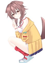Rule 34 | 1girl, :3, absurdres, animal ears, bare shoulders, blush, breasts, brown eyes, brown hair, closed mouth, collared dress, commentary request, dog ears, dog girl, dog tail, dress, grey footwear, hair between eyes, hand up, highres, hololive, hood, hood down, hooded jacket, inugami korone, inugami korone (1st costume), jacket, long sleeves, looking at viewer, medium breasts, off shoulder, open clothes, open jacket, red socks, shoes, simple background, sleeveless, sleeveless dress, socks, solo, squatting, suzuka roa, tail, v, virtual youtuber, white background, white dress, yellow jacket