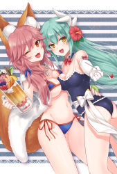 Rule 34 | 10s, 2girls, animal ears, aqua hair, bikini, blue bikini, blue one-piece swimsuit, blush, breasts, cleavage, fangs, fate/extra, fate/grand order, fate (series), flower, fox ears, fox tail, green hair, hair flower, hair ornament, highres, horns, kiyohime (fate), kiyohime (fate/grand order), kiyohime (swimsuit lancer) (fate), kiyohime (swimsuit lancer) (second ascension) (fate), large breasts, long hair, looking at viewer, multiple girls, navel, one-piece swimsuit, one eye closed, open mouth, pika mouse, pink hair, school swimsuit, smile, swimsuit, tail, tamamo (fate), tamamo no mae (fate/extra), tamamo no mae (swimsuit lancer) (fate), tamamo no mae (swimsuit lancer) (third ascension) (fate), yellow eyes