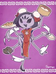 Rule 34 | 1girl, black hair, china dress, chinese clothes, colored skin, dress, extra arms, extra eyes, fangs, food, high heels, highres, legs, monster girl, muffet, purple skin, undertale