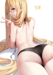 Rule 34 | 1girl, absurdres, arched back, artist request, ass, bare shoulders, bikini, black bikini, blonde hair, blue eyes, commission, foreshortening, from behind, grin, highres, long hair, looking at viewer, looking back, lying, on stomach, original, second-party source, smile, solo, string bikini, swimsuit, untied bikini, v, very long hair