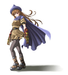 Rule 34 | 1girl, alena (dq4), araki maki, armlet, belt, black pantyhose, boots, cape, chunsoft, claws, dragon quest, dragon quest iv, dress, dual wielding, earrings, enix, fantasy, fighting stance, full body, gem, gloves, hat, holding, jewelry, long hair, looking at viewer, orange hair, pantyhose, red eyes, shadow, short dress, simple background, skirt, solo, standing, torn clothes, yellow dress, yellow skirt