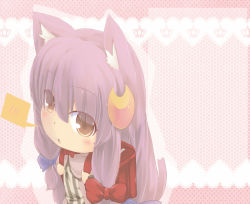Rule 34 | 1girl, animal ears, backpack, bag, blush, brown eyes, cat ears, cat girl, catchouli (hazuki ruu), chibi, coat, crescent, crescent hair ornament, dress, female focus, hair ornament, hair ribbon, hazuki ruu, kemonomimi mode, long hair, looking at viewer, no headwear, open clothes, open coat, open mouth, patchouli knowledge, purple hair, randoseru, ribbon, solo, striped clothes, striped dress, touhou