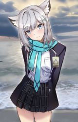 Rule 34 | 1girl, absurdres, animal ear fluff, animal ears, arms behind back, black jacket, black skirt, blouse, blue archive, blue eyes, blue necktie, blue scarf, blush, closed mouth, cloud, cloudy sky, commentary request, day, deen (hnxp8555), fringe trim, grey hair, hair between eyes, hair ornament, head tilt, highres, jacket, long hair, looking at viewer, necktie, open clothes, open jacket, outdoors, plaid, plaid skirt, pleated skirt, scarf, shiroko (blue archive), shirt, skirt, sky, smile, solo, water, white shirt
