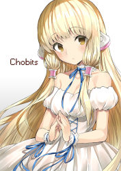 Rule 34 | 1girl, blonde hair, blush, breasts, brown eyes, chii, chobits, choker, copyright name, dress, english text, hair tubes, long hair, looking at viewer, medium breasts, off-shoulder dress, off shoulder, own hands together, ribbon, shitou (1992116210), simple background, solo focus, very long hair, white dress, wrist cuffs, wrist ribbon