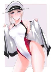 Rule 34 | 1girl, adapted costume, bare shoulders, blonde hair, blue eyes, blush, breasts, closed mouth, collarbone, competition swimsuit, covered navel, cross, gluteal fold, graf zeppelin (kancolle), grey background, hat, highres, iron cross, jacket, kantai collection, kurihara kenshirou, looking at viewer, medium breasts, one-piece swimsuit, open clothes, open jacket, outside border, peaked cap, sideboob, sidelocks, skindentation, solo, standing, swimsuit, thighs, twintails, upper body, white background, white hat