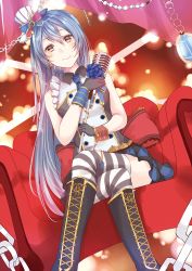 Rule 34 | 1girl, amekawa setsu, bad id, bad twitter id, black gloves, blue hair, boots, cafe maid (love live!), checkered clothes, checkered skirt, couch, crossed legs, earrings, flower, gloves, hair between eyes, hat, highres, holding, jewelry, long hair, looking at viewer, love live!, love live! school idol festival, love live! school idol project, microphone, microphone stand, mini hat, sitting, skirt, sleeveless, smile, solo, sonoda umi, striped clothes, striped thighhighs, thighhighs, top hat, treble clef, yellow eyes