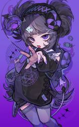 Rule 34 | 1girl, black hair, blunt bangs, candy, curled horns, demon tail, food, frilled hairband, frills, goth fashion, hairband, hexagon print, highres, holding, holding syringe, horns, long sleeves, nail polish, open mouth, original, piercing, purple background, purple eyes, purple nails, simple background, solo, standing, stuffed animal, stuffed toy, syringe, tail, tail ornament, tail piercing, thighhighs, tira 27, two side up, yo-yo