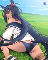 Rule 34 | 1girl, amane sou, animal ears, ass, bare shoulders, black hair, black panties, blue sky, blush, breasts, butt crack, commentary request, feet out of frame, from behind, hair between eyes, hishi amazon (umamusume), horse ears, horse girl, horse tail, long hair, medium breasts, off-shoulder shirt, off shoulder, on grass, on ground, open mouth, outdoors, panties, red eyes, shirt, sky, solo, tail, umamusume, underwear, very long hair, white shirt