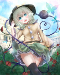 Rule 34 | 1girl, aqua eyes, black thighhighs, bug, bush, butterfly, crossed legs, day, dress, flower, frilled skirt, frilled sleeves, frills, from below, green hair, hat, hat ribbon, heart, heart of string, hoshibuchi, insect, komeiji koishi, long sleeves, looking at viewer, mansion, open mouth, outdoors, panties, pantyshot, pointing, pointing at self, ribbon, rose, scenery, skirt, sky, smile, solo, standing, thighhighs, thighs, third eye, touhou, underwear, upskirt, white panties, wide sleeves, zettai ryouiki
