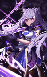 Rule 34 | 1girl, absurdres, bare shoulders, black gloves, black pantyhose, braid, casting spell, choker, claws, cone hair bun, cowboy shot, detached sleeves, double bun, dress, energy beam, expressionless, floating hair, genshin impact, gloves, hair bun, hair ornament, highres, keqing (genshin impact), lightning, long hair, looking at viewer, magic, pantyhose, parted lips, pink eyes, purple choker, purple eyes, purple gloves, purple hair, solo, standing, summoned being, tassel choker, toslon, twintails, very long hair, wide sleeves