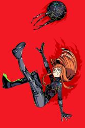 Rule 34 | 1girl, alternate costume, black gloves, brown eyes, commentary, glasses, gloves, happy, highres, long hair, orange hair, pancakesorting, persona, persona 5, persona 5 the royal, red background, sakura futaba, simple background, smile, solo