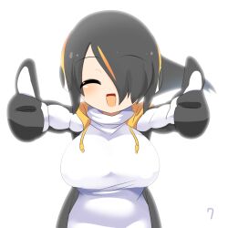 Rule 34 | 1girl, :d, black hair, black jacket, blush, breasts, closed eyes, commentary request, double thumbs up, emperor penguin (kemono friends), hair between eyes, hair over one eye, headphones, highres, jacket, kemono friends, large breasts, lets0020, long bangs, multicolored hair, numbered, open clothes, open jacket, open mouth, orange hair, short hair, simple background, smile, solo, streaked hair, thumbs up, upper body, white background